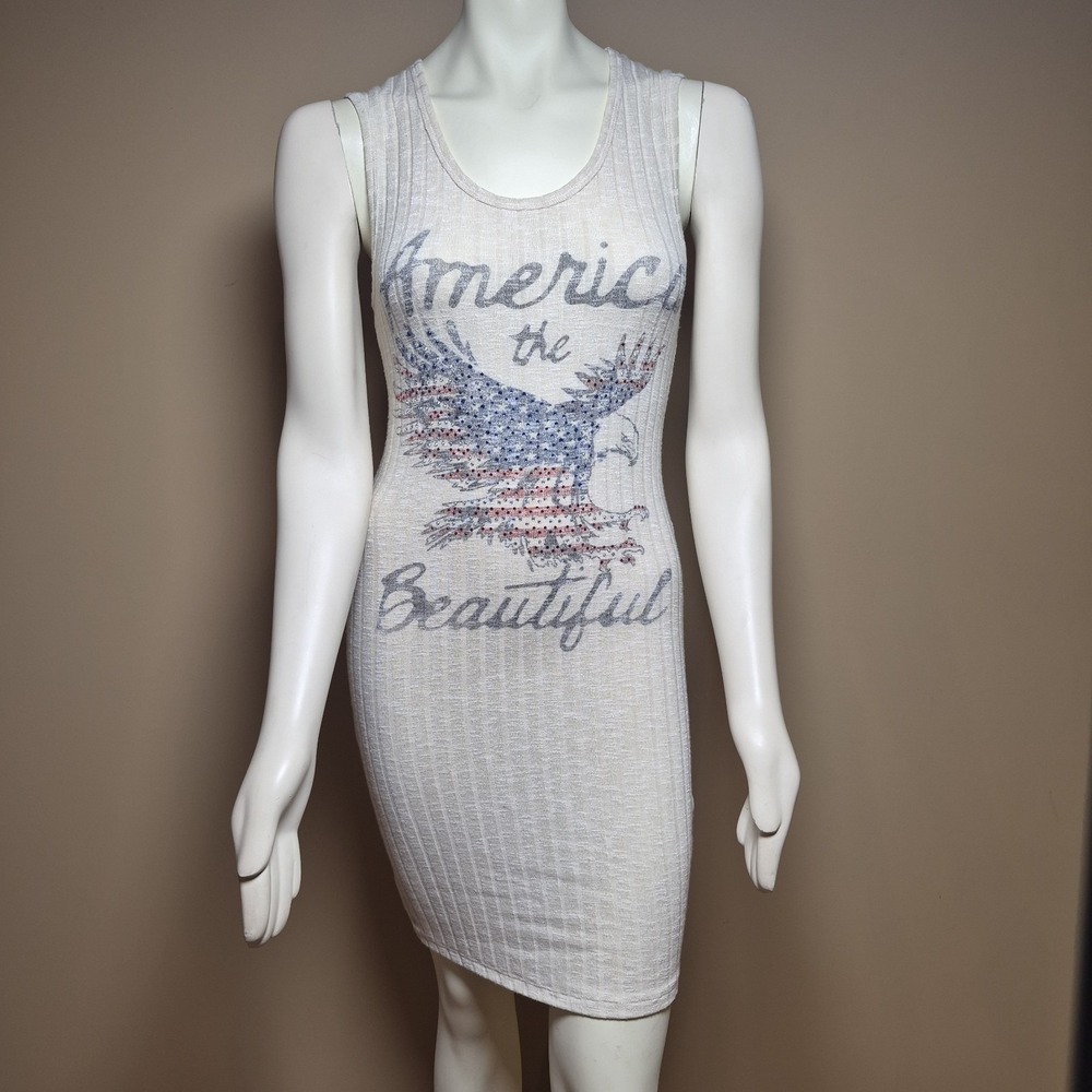 Vocal America the Beautiful Eagle Graphic Ribbed Bodycon Dress Cream Medium NWT